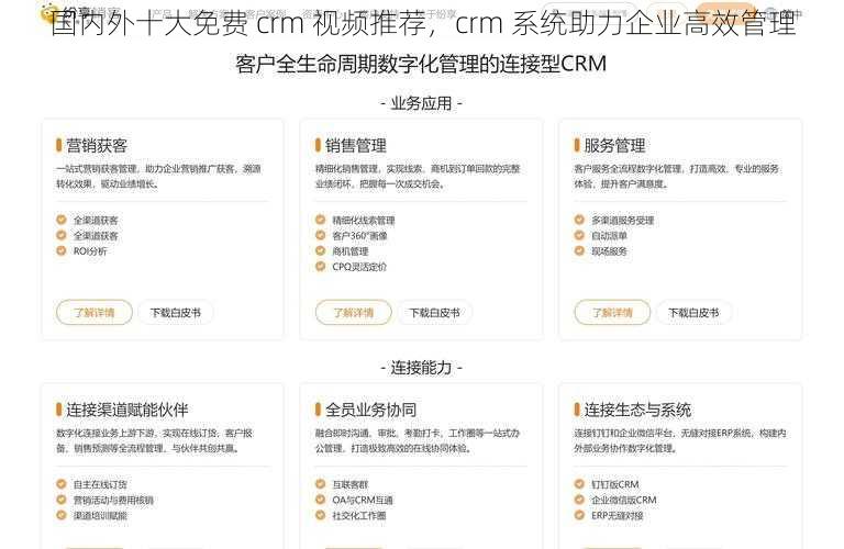 国内外十大免费 crm 视频推荐，crm 系统助力企业高效管理