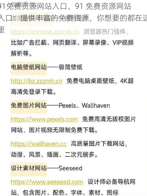 91免费资源网站入口、91 免费资源网站入口：提供丰富的免费资源，你想要的都在这里