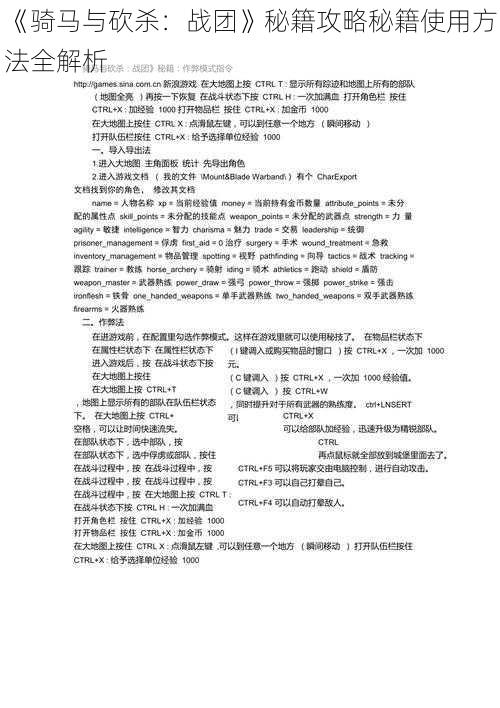 《骑马与砍杀：战团》秘籍攻略秘籍使用方法全解析