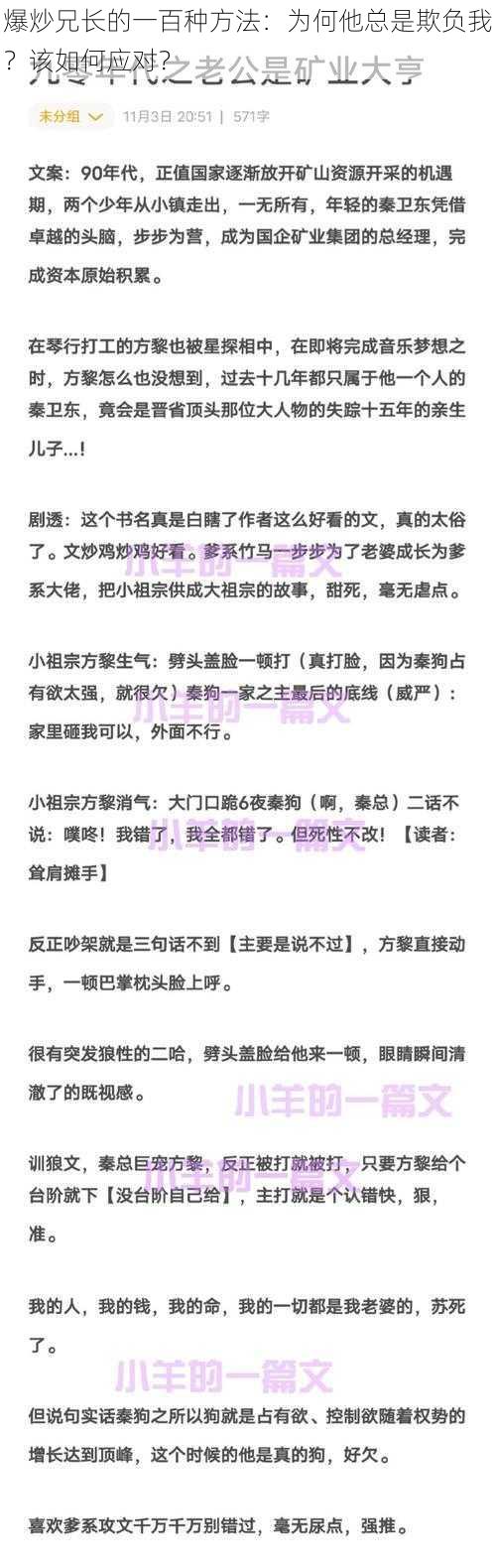 爆炒兄长的一百种方法：为何他总是欺负我？该如何应对？